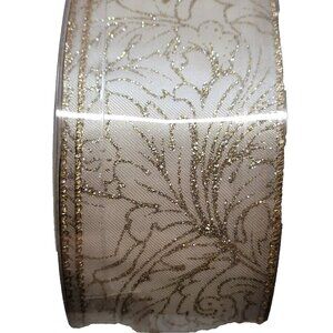 SWC Wired Ribbon 50 Yards Cream Gold Glitter Floral Scroll 2.5 Inch Designer